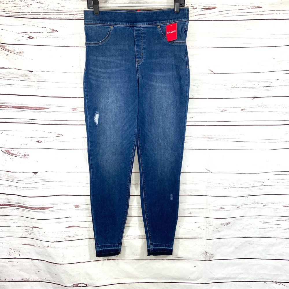 Spanx Jeans Womenβs Large Blue Distressed Ankle Skinny Raw Hemβ